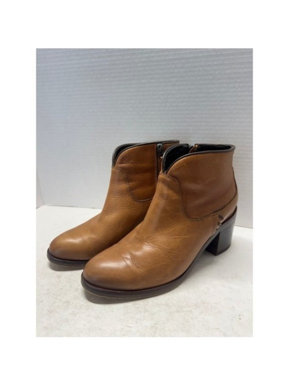 Bosi Tan Brown Leather Ankle Boots Stacked Block Heel Western Booties 38 7.5